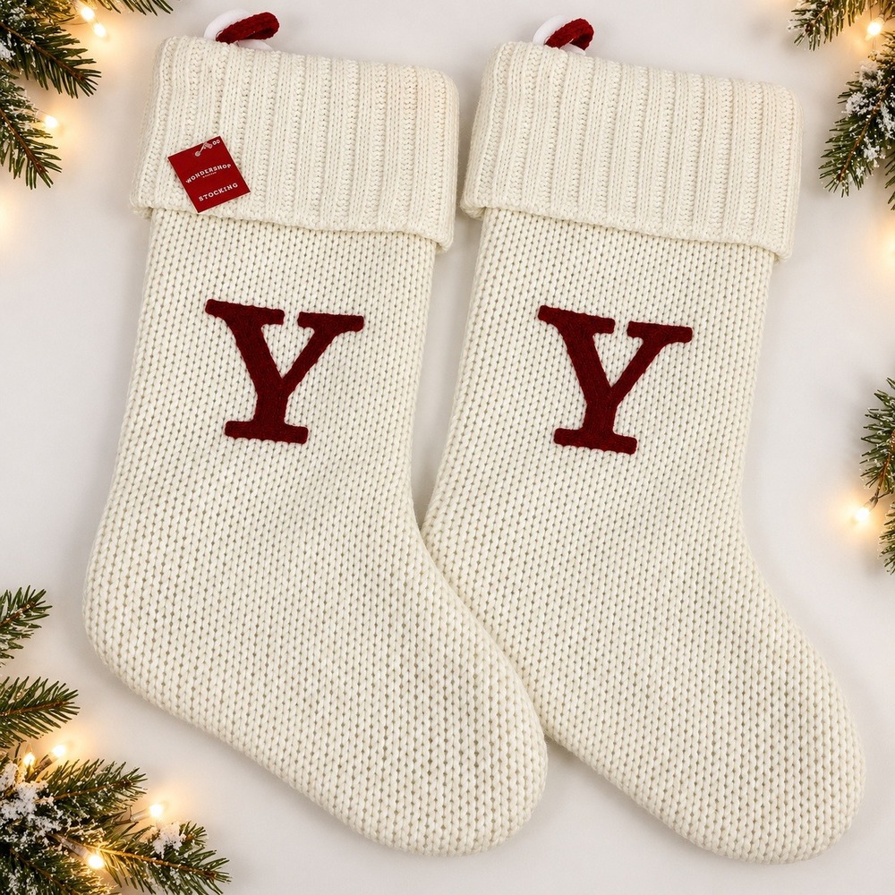 Set of 2 Wondershop Monogram Y Knit‎ Christmas Stockings Cream Red NWT